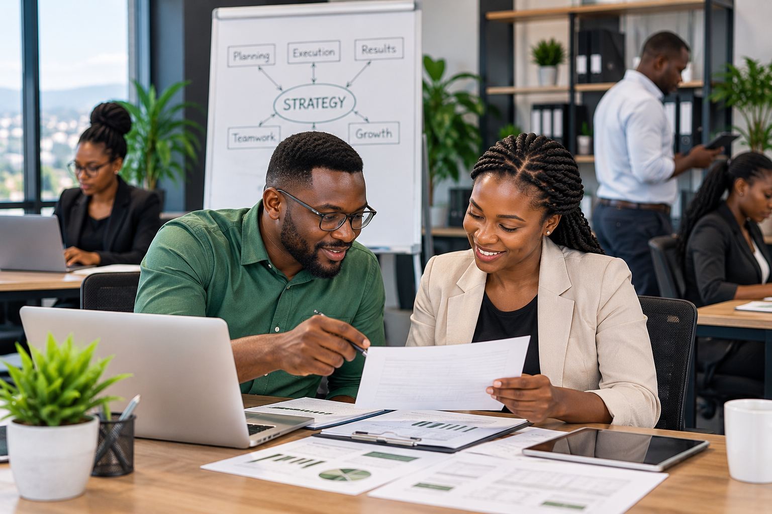 Business professionals reviewing documents and strategy