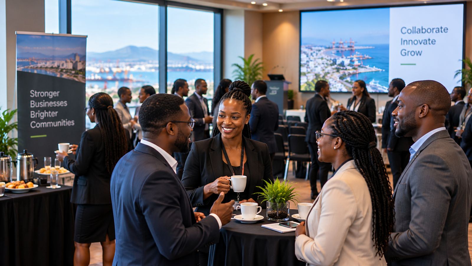 Business professionals networking over coffee